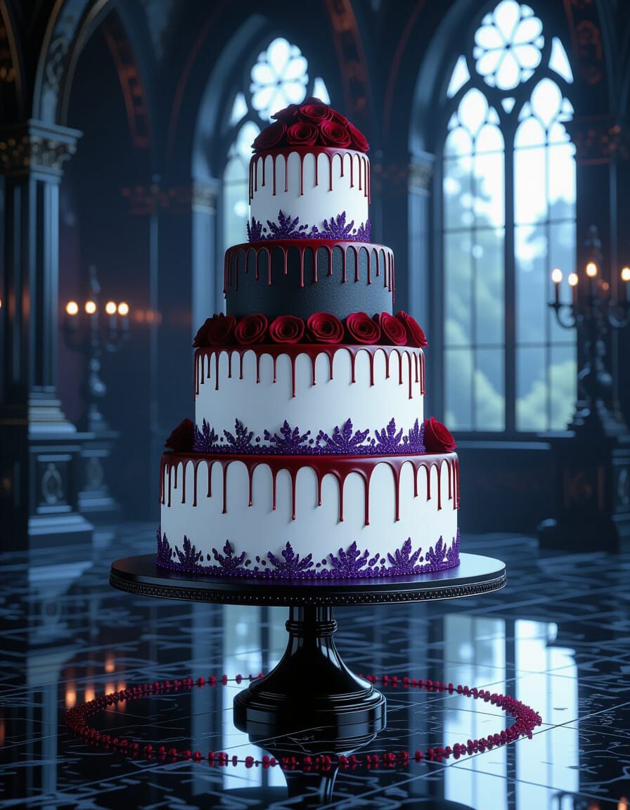 Gothic Wedding Cake with Crimson Glaze and Violet Crystals