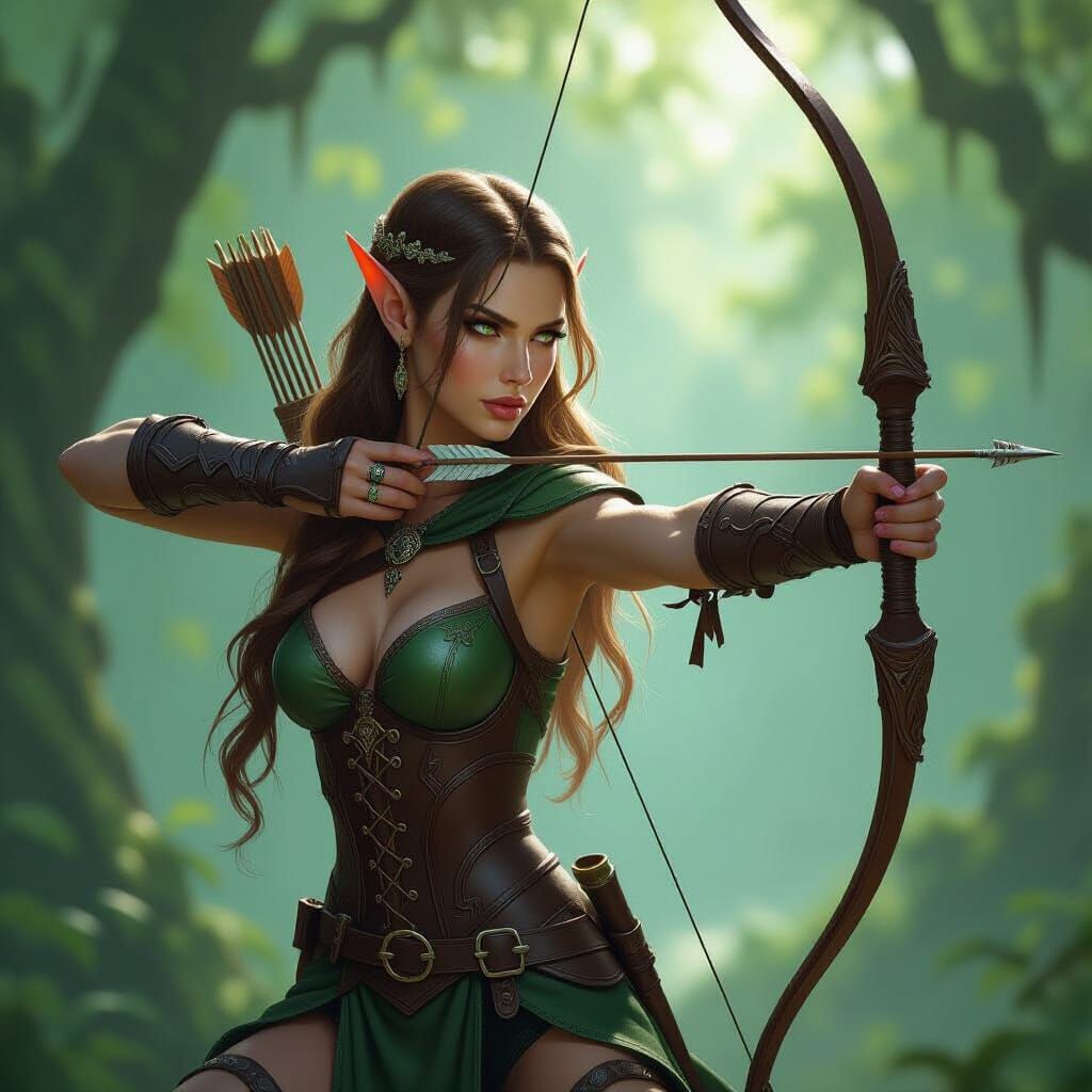 Elven Huntress in Ancient Forest, Hyperrealistic Style