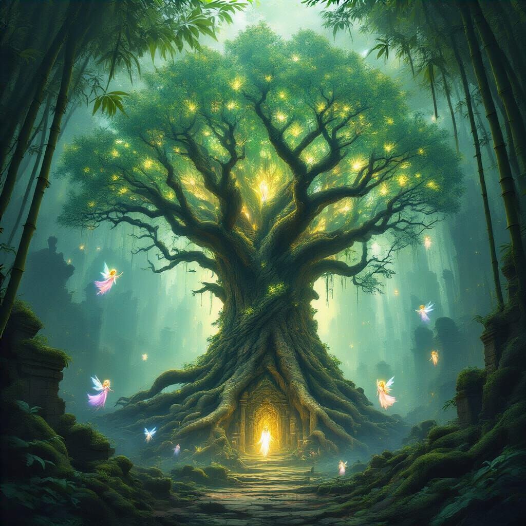 Ancient Bioluminescent Tree in Mystical Bamboo Forest