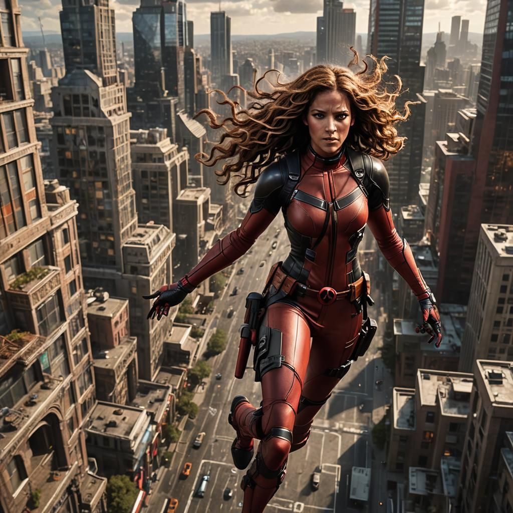 Girl in Deadpool Costume in Fantasy Cityscape