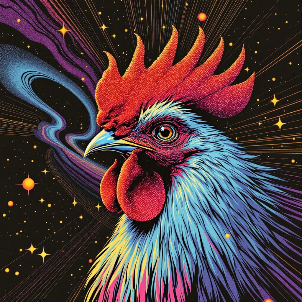 Atomic Age Rooster with Cosmic Flames in Psychedelic Poster ...