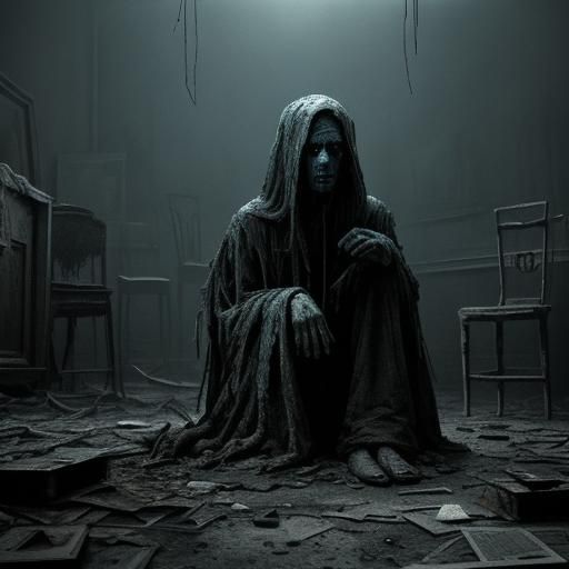 Eerie Surrealism: Gaunt Figure in Dimly Lit Room