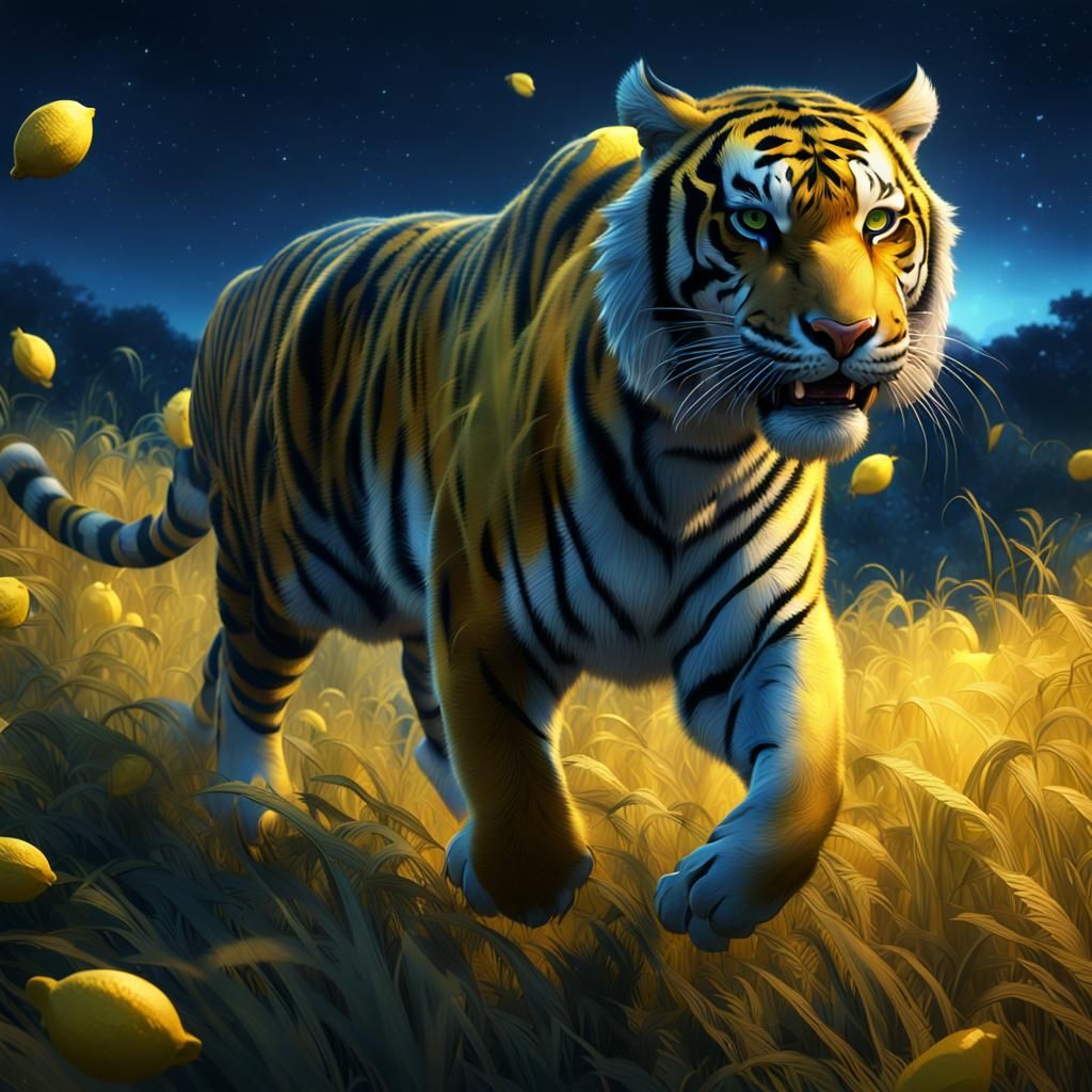 Tiger Running Under Blue Night Sky