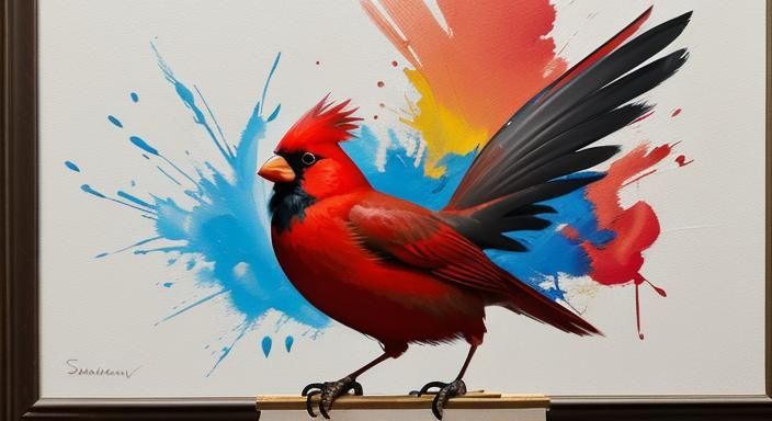 Cardinal Bird Painting a Phoenix, Impressionistic Studio Sce...