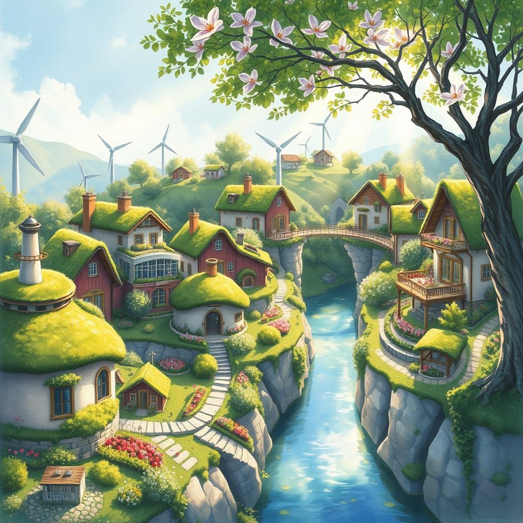 Solarpunk Village in Serene Watercolor