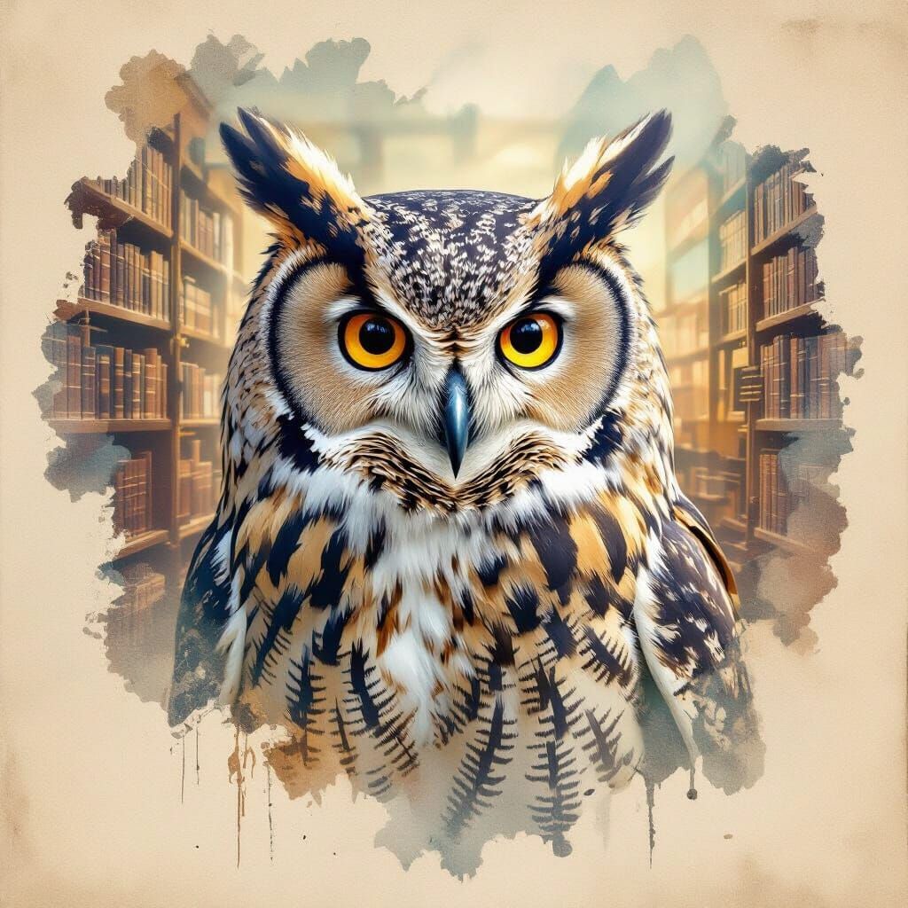 Wise Owl Double Exposure Portrait in Watercolor Style