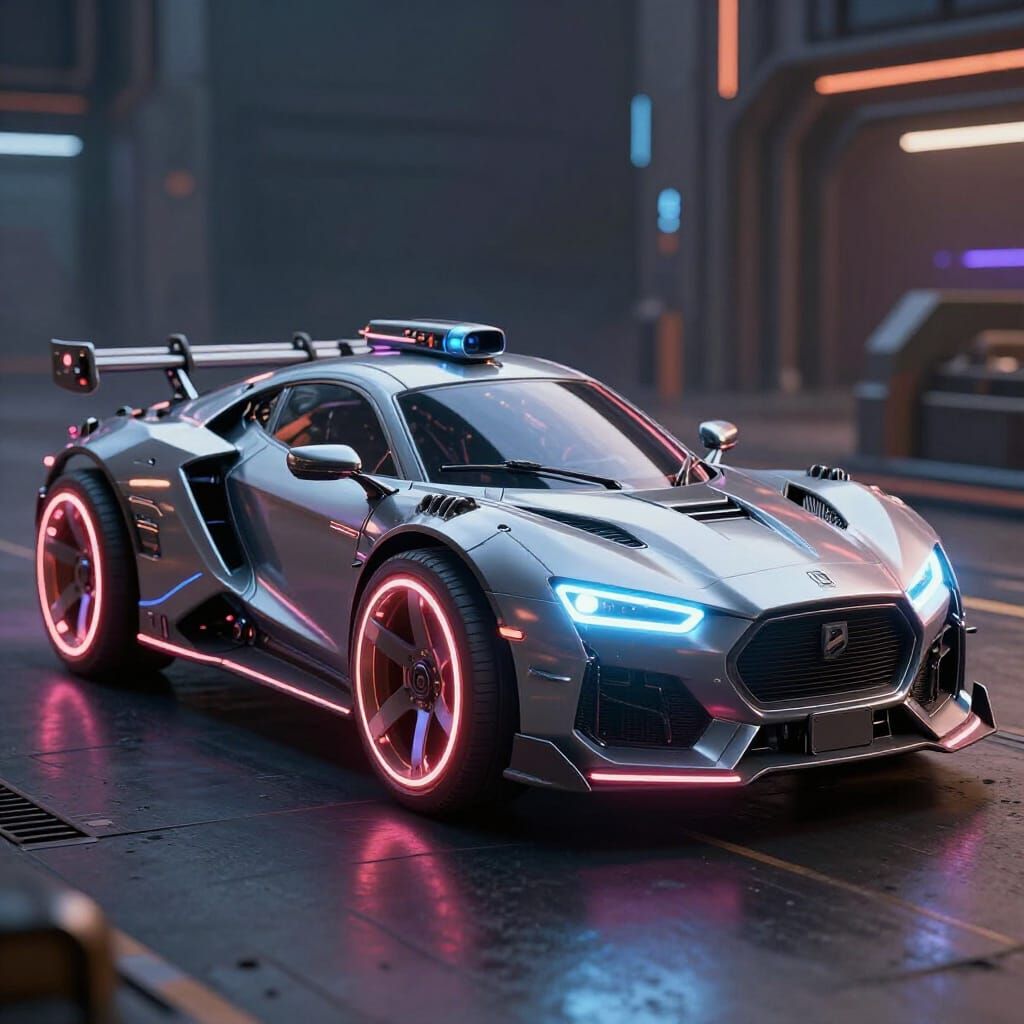 Cyberpunk Time Travel Car with Neon Wheels