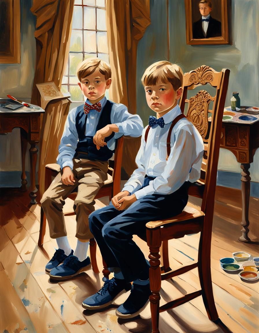 Young Artist Painting Brother's Portrait in Realism Style