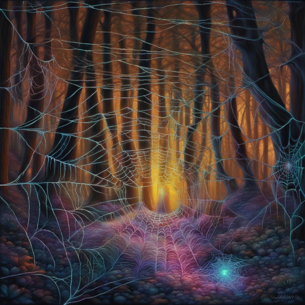 Glowing Spiderwebs in Mystical Forest at Night