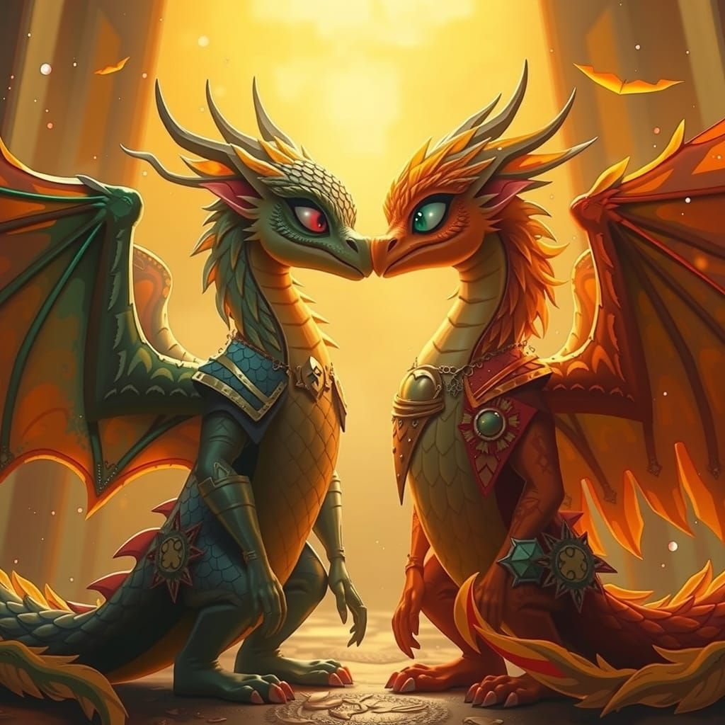 Dragon Man and Phoenix Man Kiss in Fantasy Art