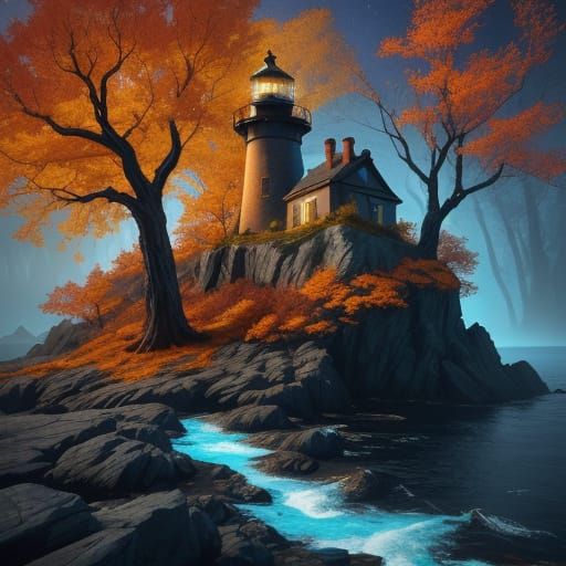 Glowing Autumn Lighthouse: A Surreal Oil Painting