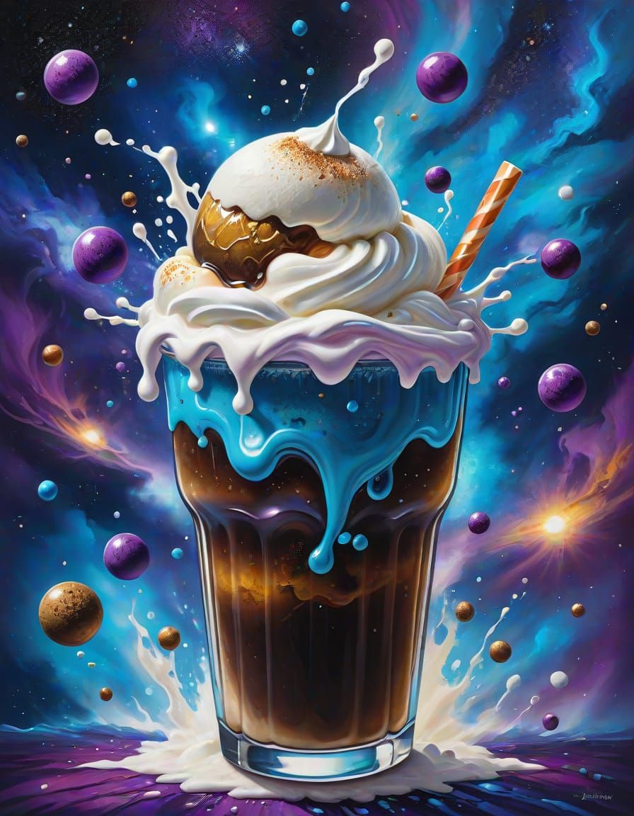 Cosmic Root Beer Float Explosion in Mixed Media
