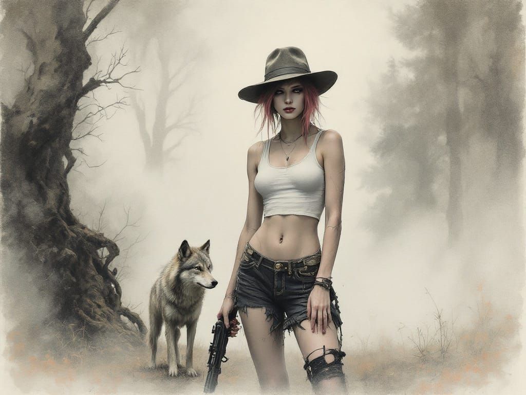 Punk Woman and Wolf in Fog, Expressionist Pastel Sketch