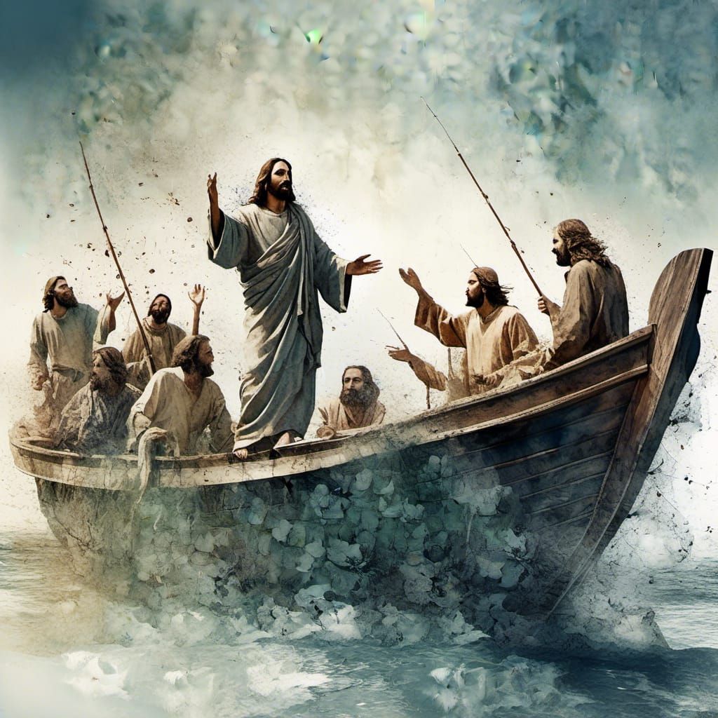 Jesus and Disciples Fishing: Watercolour Double Exposure