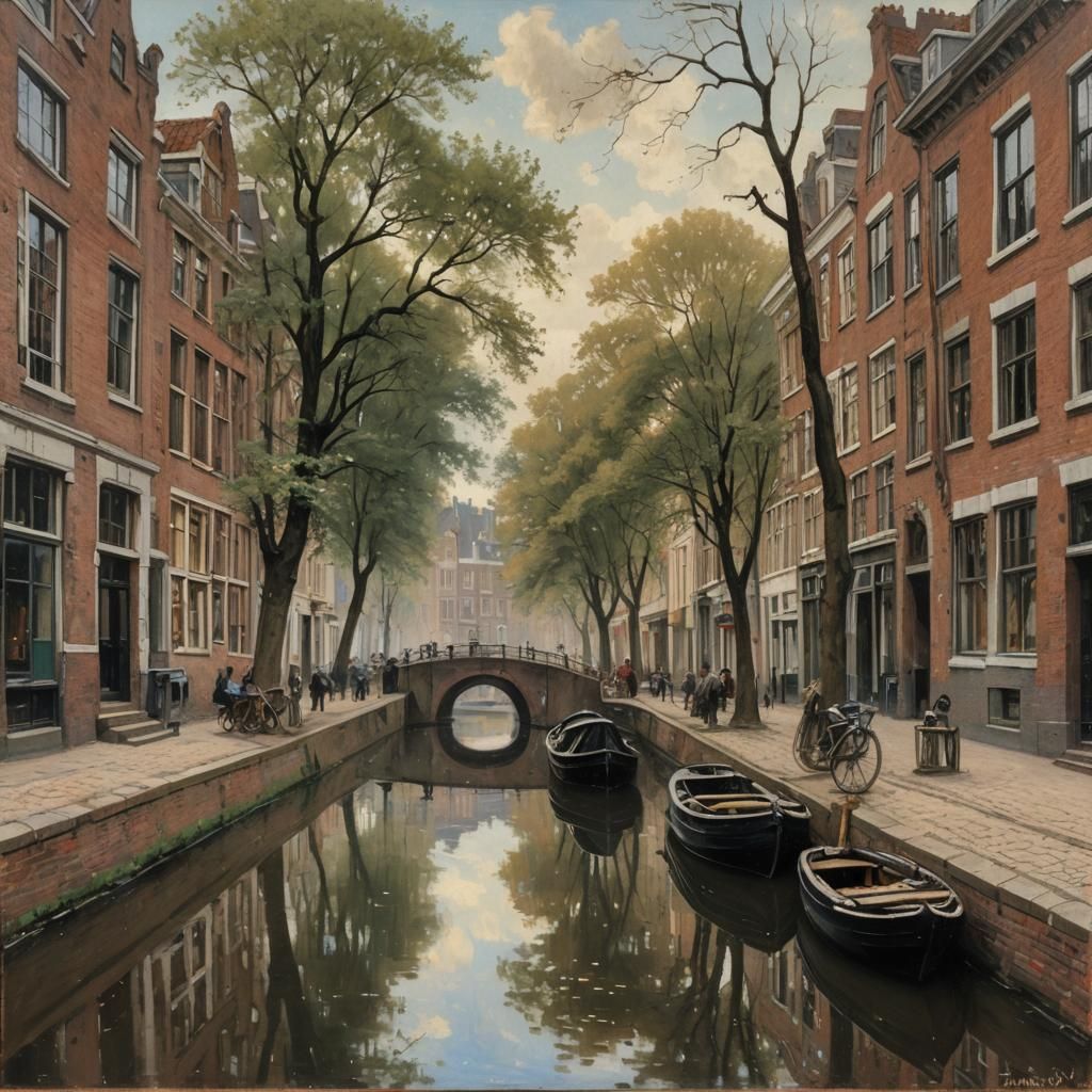 Utrecht Canal, 1900, in Oil Painting Style