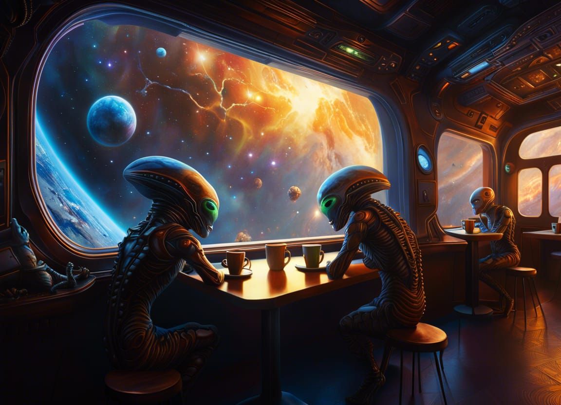 Aliens Drink Coffee in Space Cafe: Astropunk Painting
