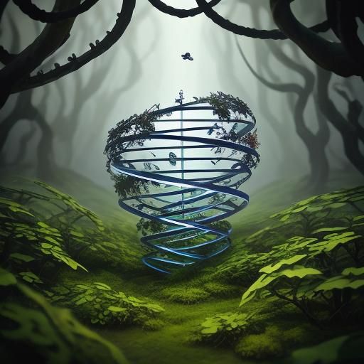 Silver DNA Helix in Lush Forest: Splash Art