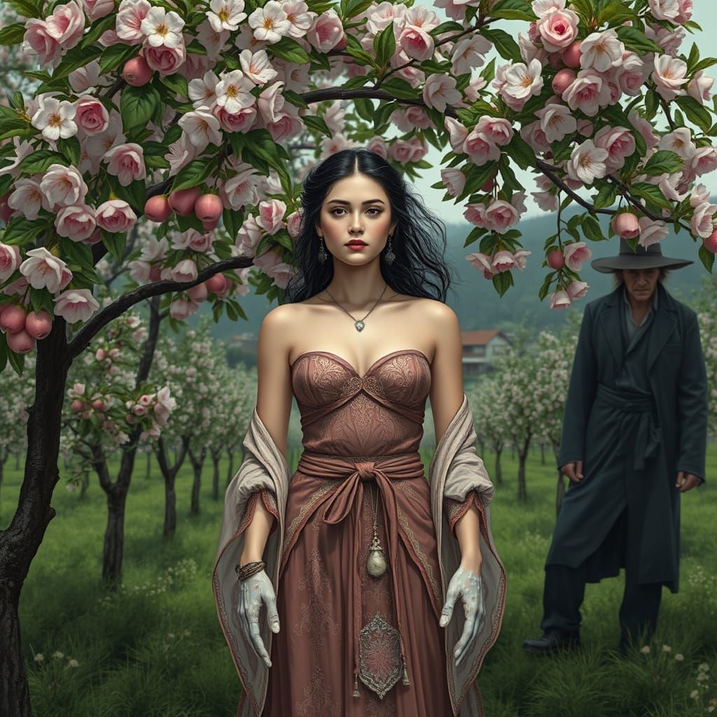 Woman in Orchard with Clear Slime: Mystical Realism