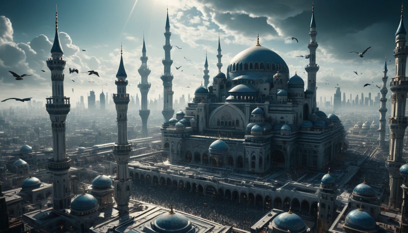 Futuristic Metropolis with Central Mosque in Cinematic Style