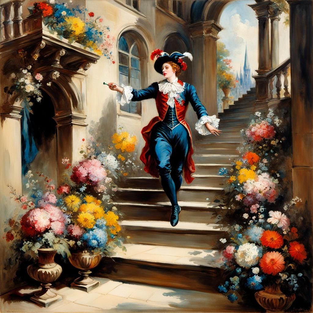 Jester Juggling Flowers on Castle Stairs