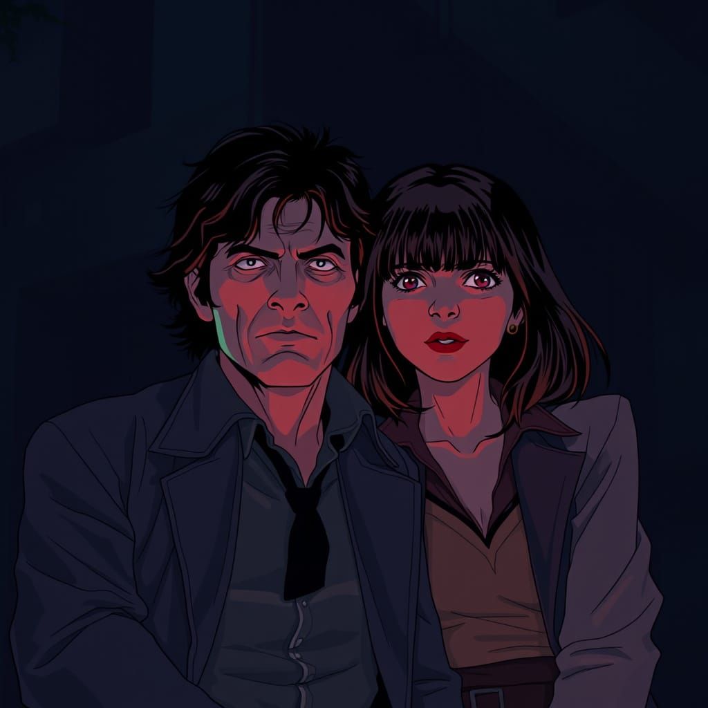 Anime Style 80s Scene with Sam Neill and Isabelle Adjani