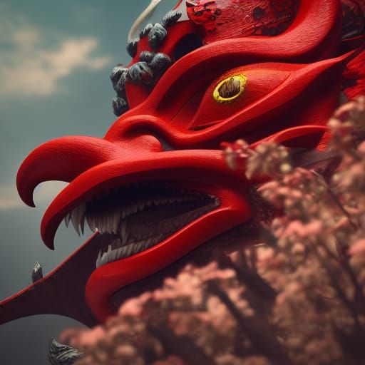 Detailed Tengu Mask Close-Up: Photorealistic Concept Art