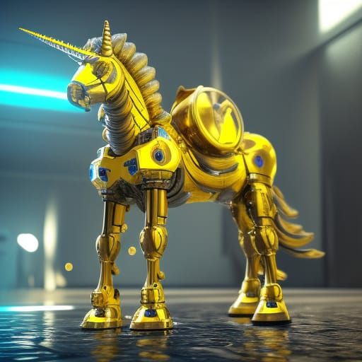 Yellow Unicorn with Water Horn in Sci-Fi Style