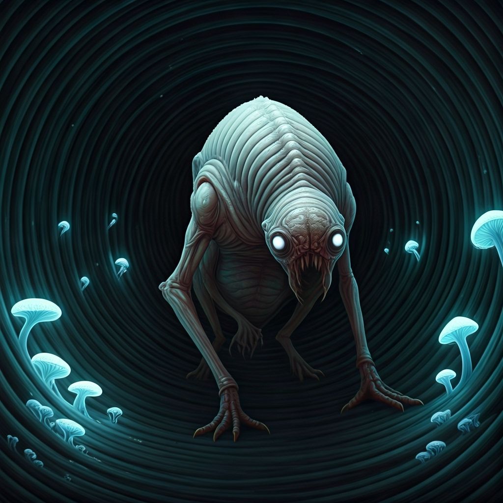 Grotesque Albino Creature in Eerie Tunnel