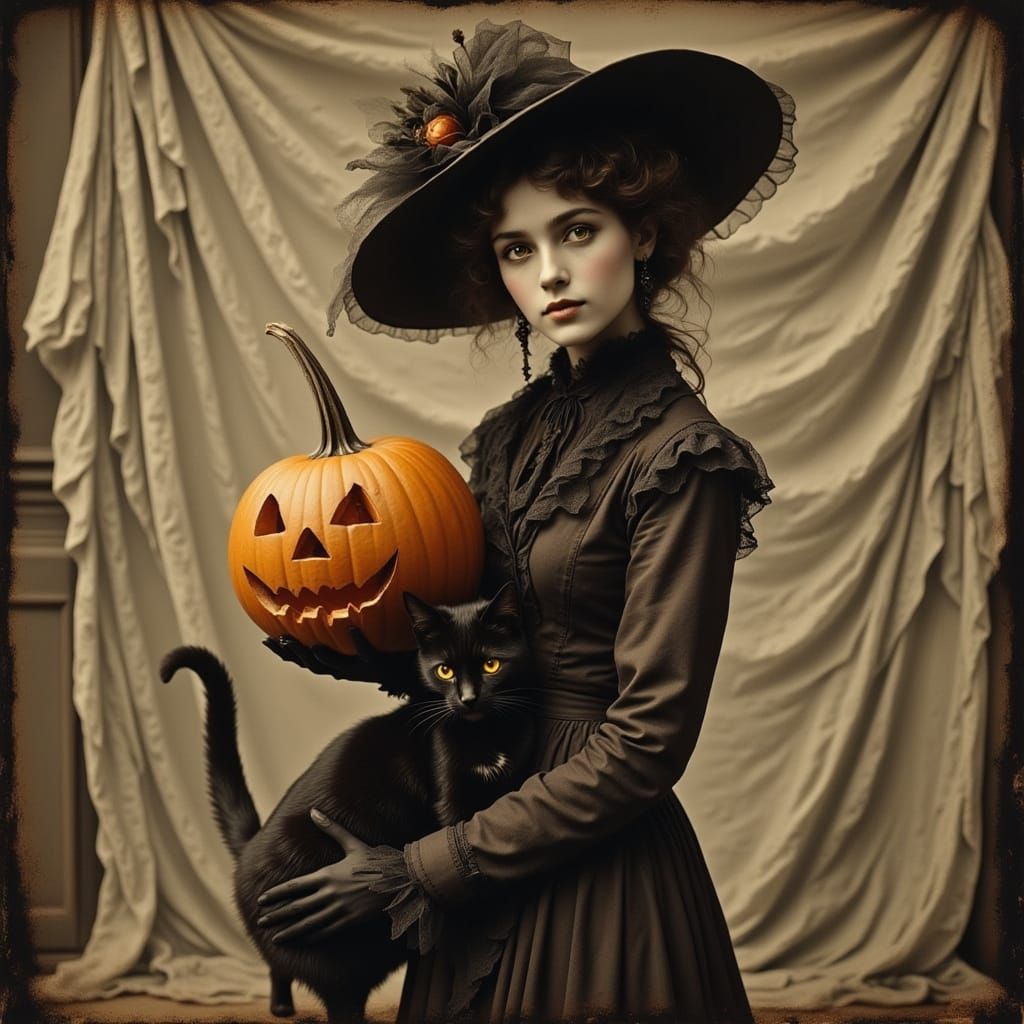 Vintage Halloween Witch Portrait in Sepia Tones