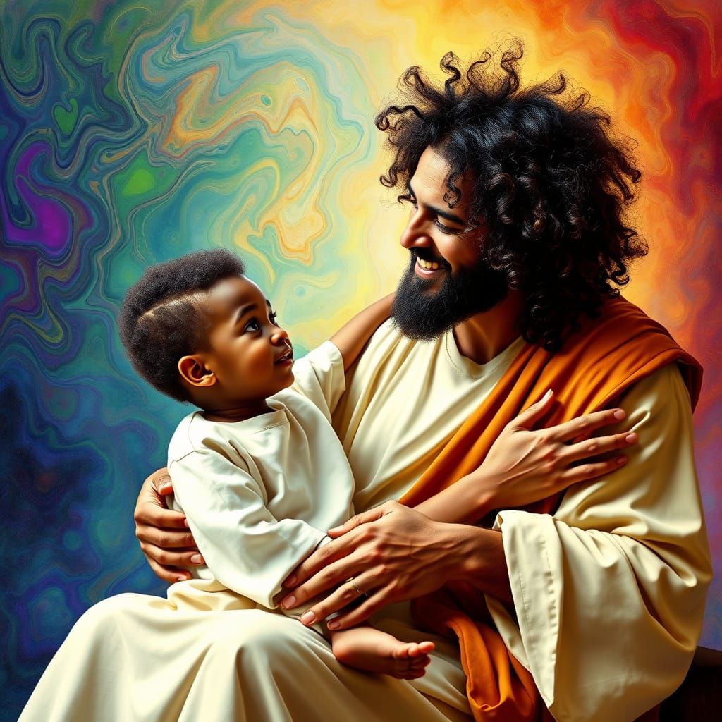 Surreal Jesus and Ethiopian Boy Connect in Vibrant, Psychede...