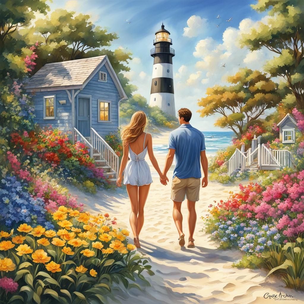 Romantic Beach Getaway with Lighthouse, Watercolor Style