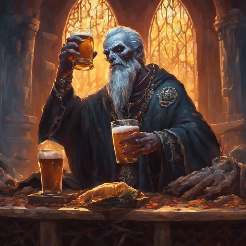 Undead Priest Enjoying Beer: Hyperrealistic Concept Art