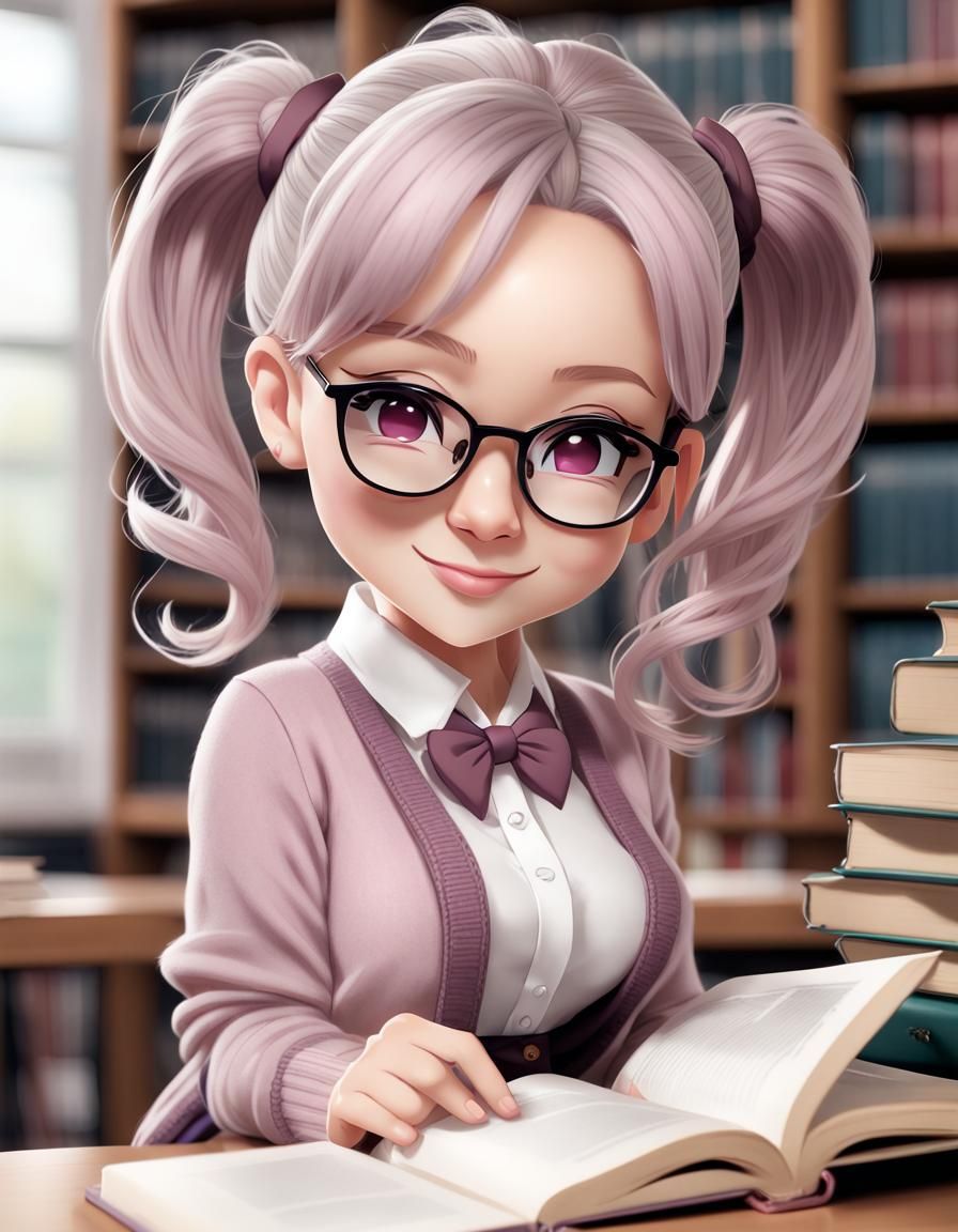 Smiling Chibi Librarian with Mauve Hair