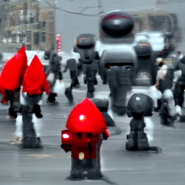 Red Robot Soldiers March Through City