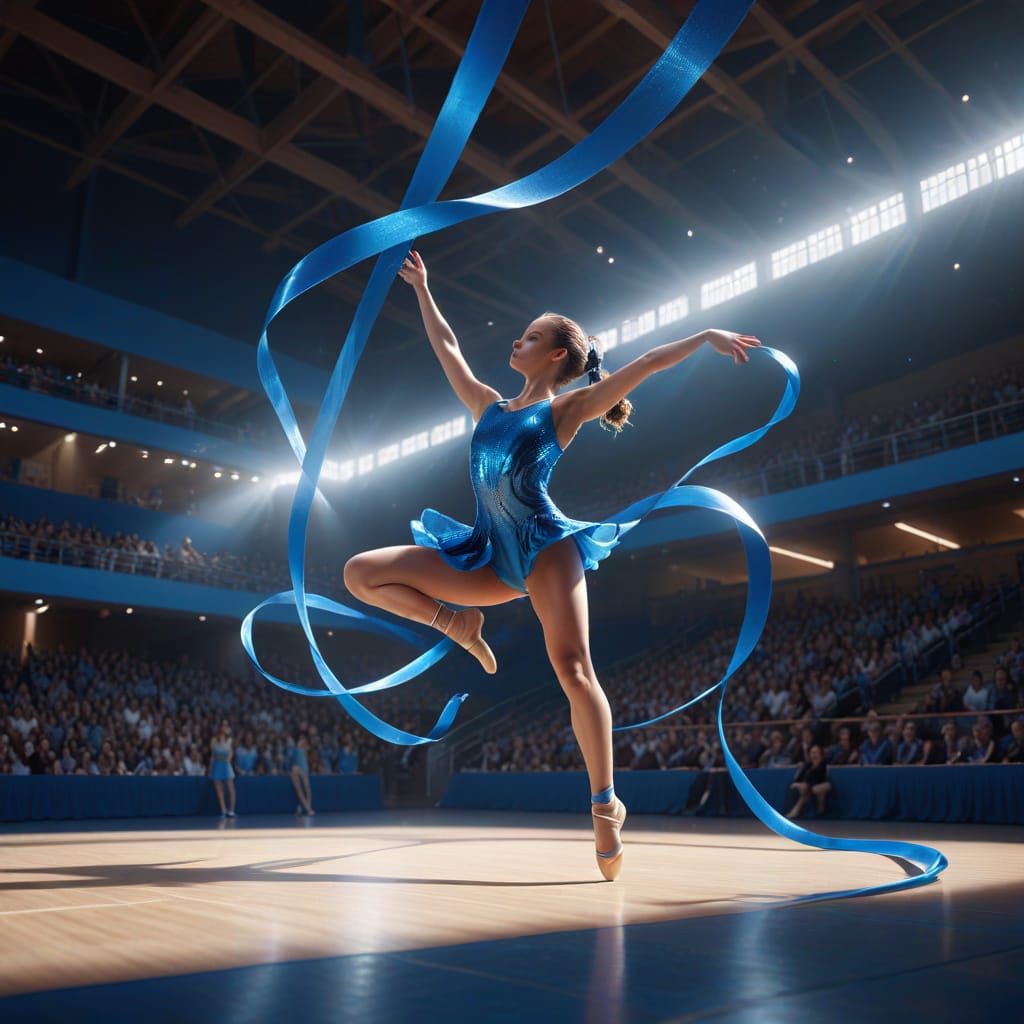 Girl in Mid-Air with Blue Ribbon in Gymnastics Competition