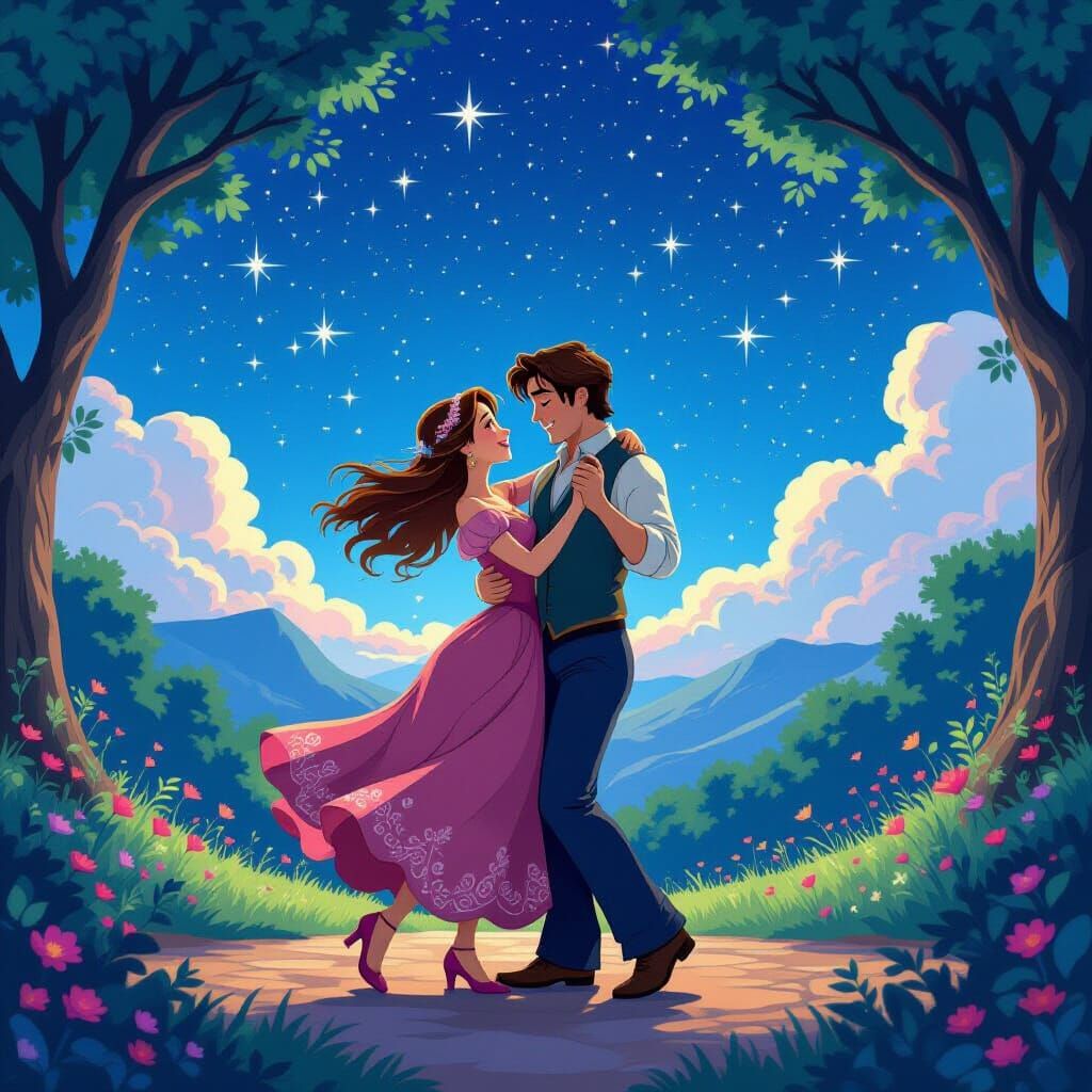 Romantic Couple Dancing Under Starry Sky, Disney Animation S...