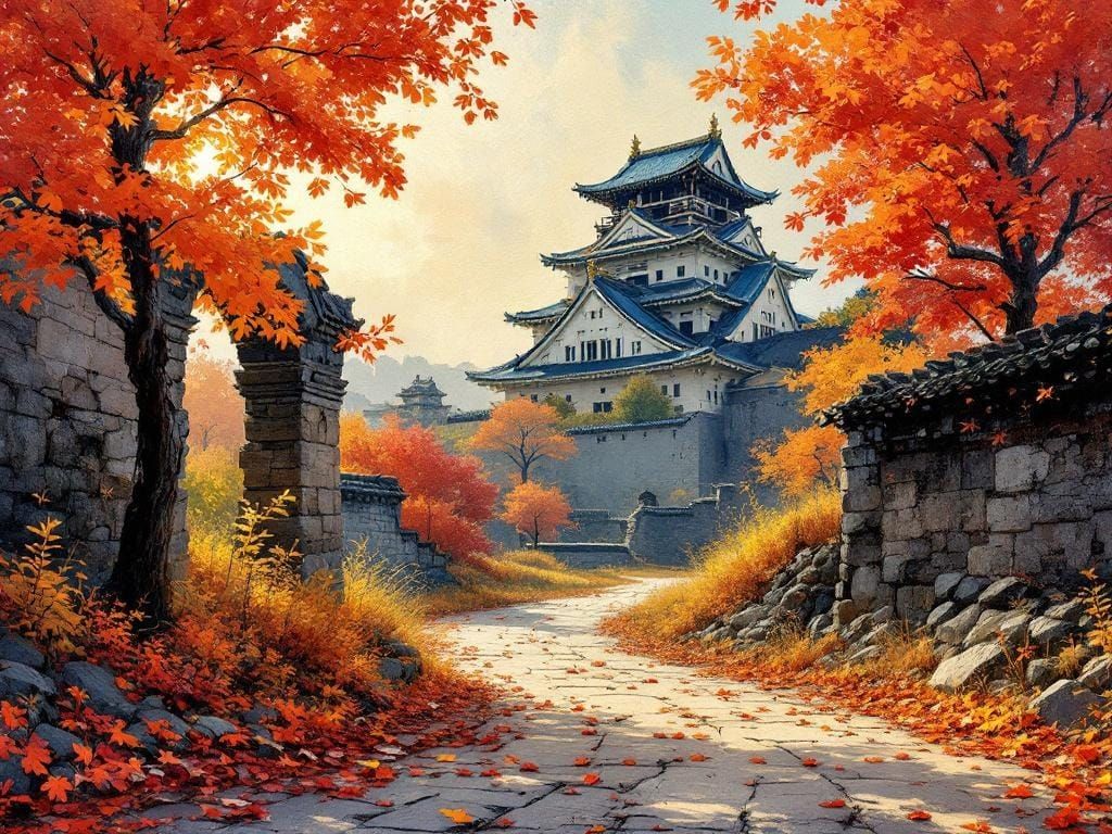 Edo Castle Ruins in Autumn as Impasto Oil Painting