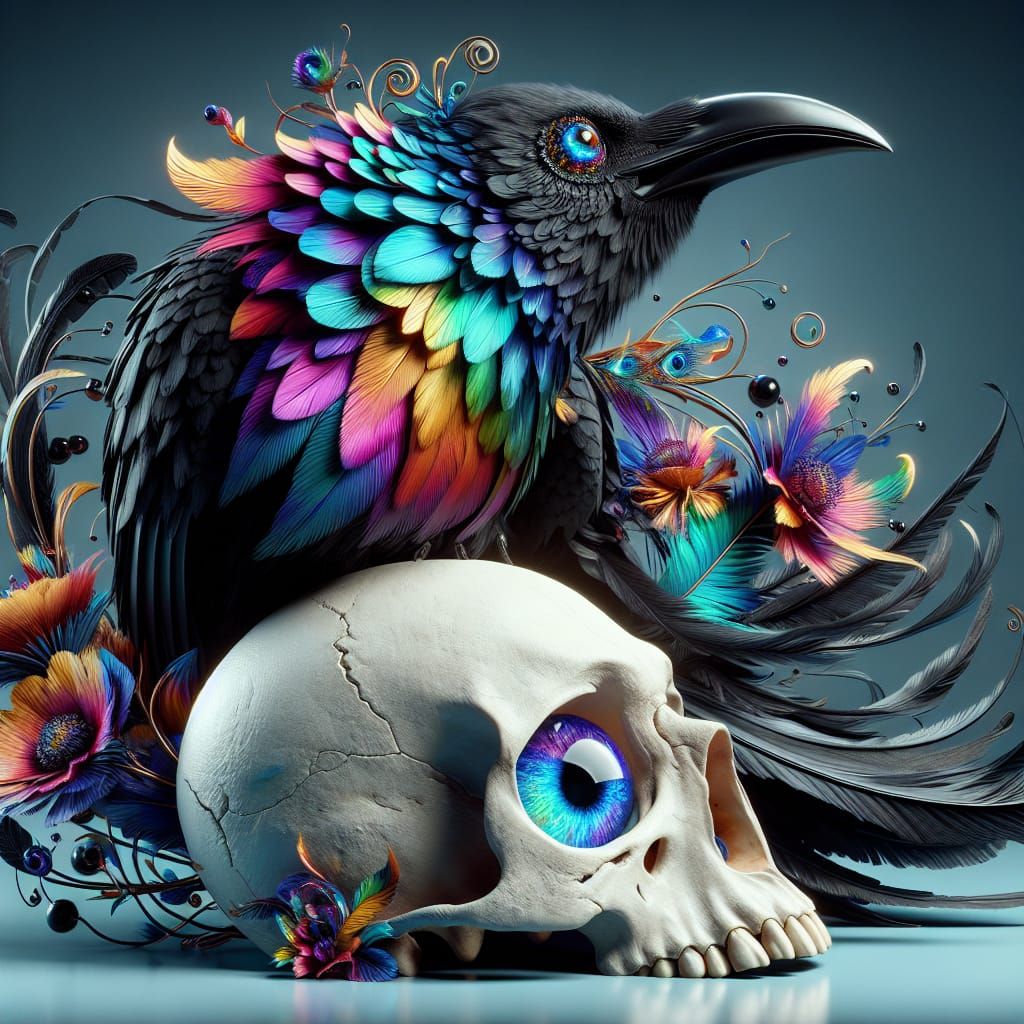 Imagine a beautiful Raven with a rainbow irridescence to its ebony feathers perched on a bleached white skull with one b...