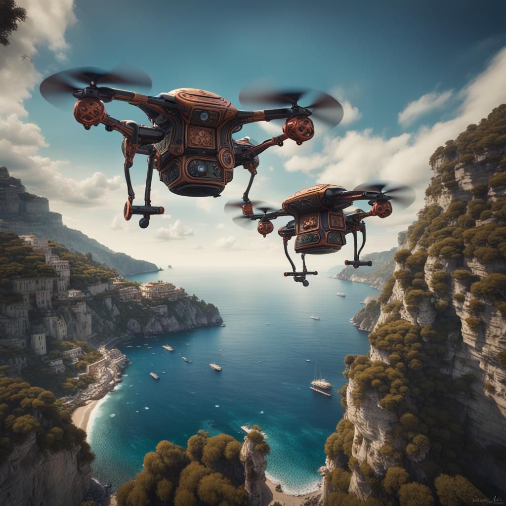 Anthropomorphic Drones Kissing Over Amalfi Coast