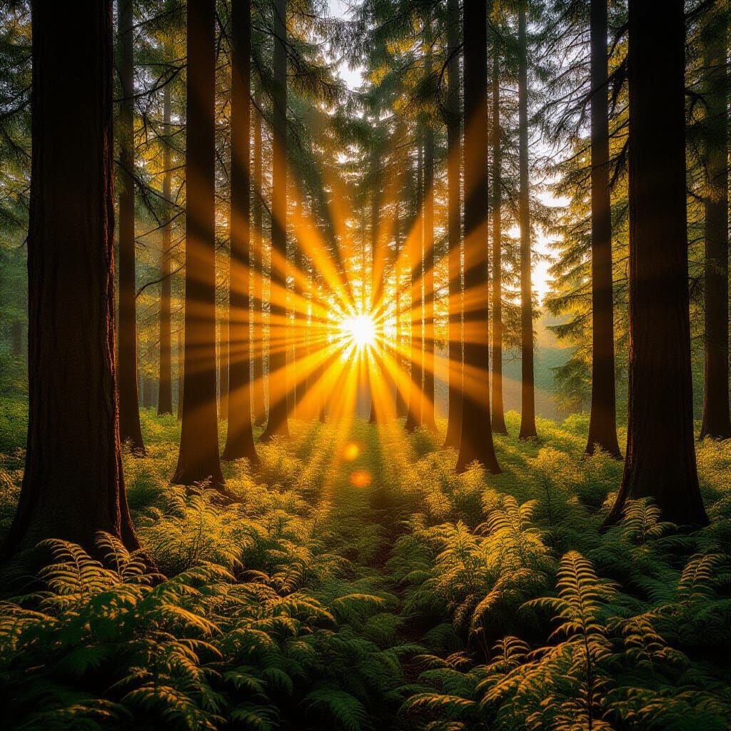 Sun Rising Over Forest With Cinematic God Rays