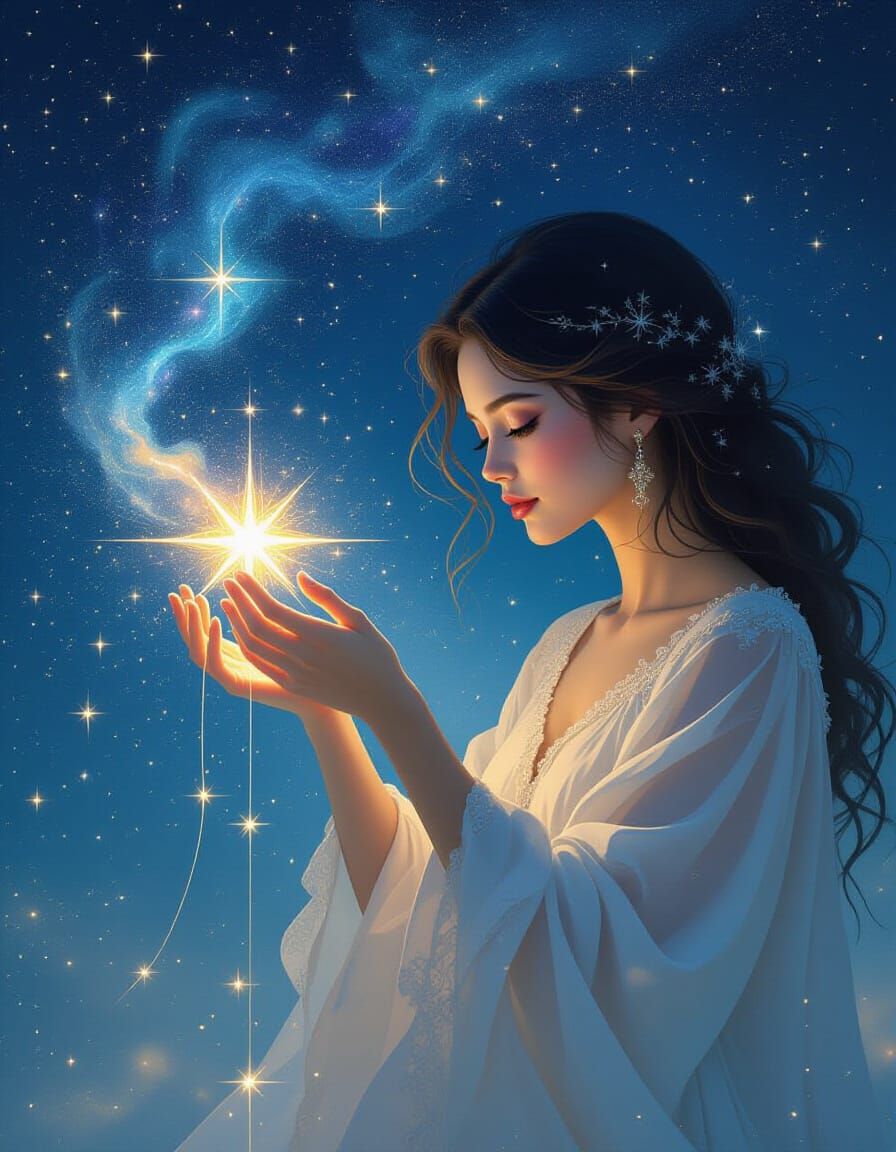 Mystical Woman Stitches Constellations in Ethereal Digital A...