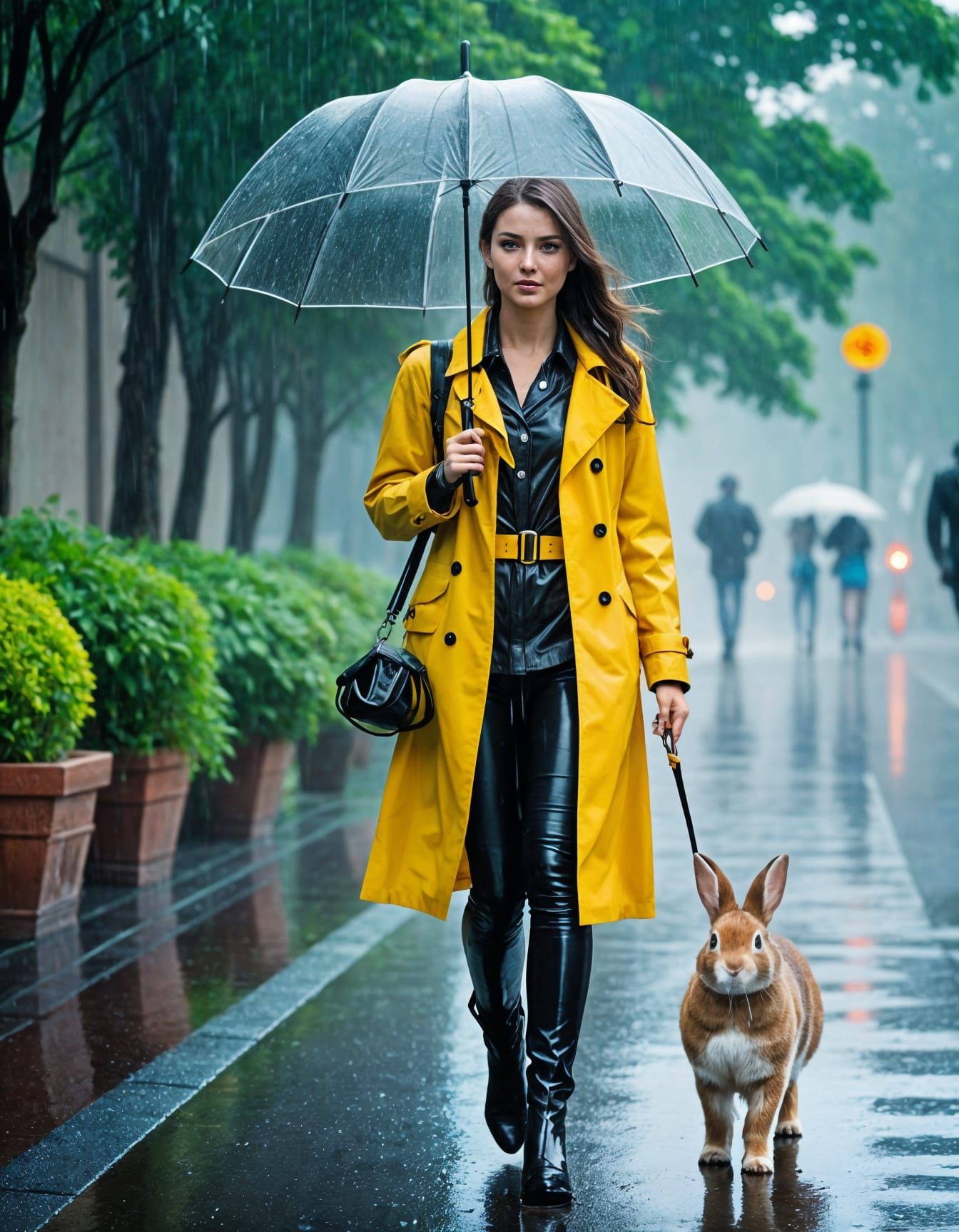 Woman Walking Pet Rabbit in the Rain