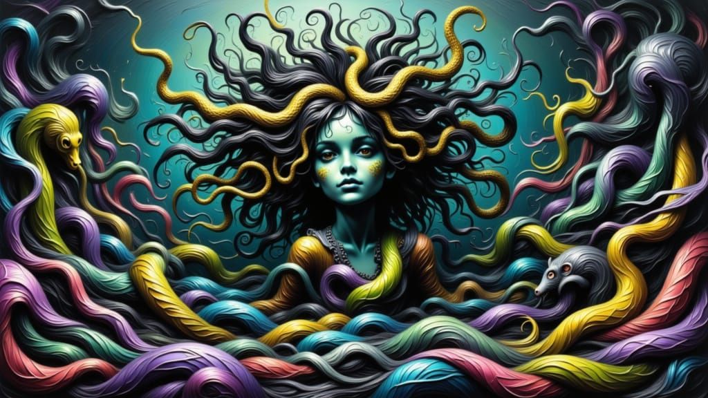Medusa in Chaotic Pet Store Surrealist Street Art Style