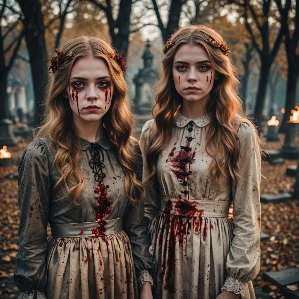 two young teenage girls chestnutblonde hair with bleeding eyes in a dress on the burning cemetery by the asylum at autum...