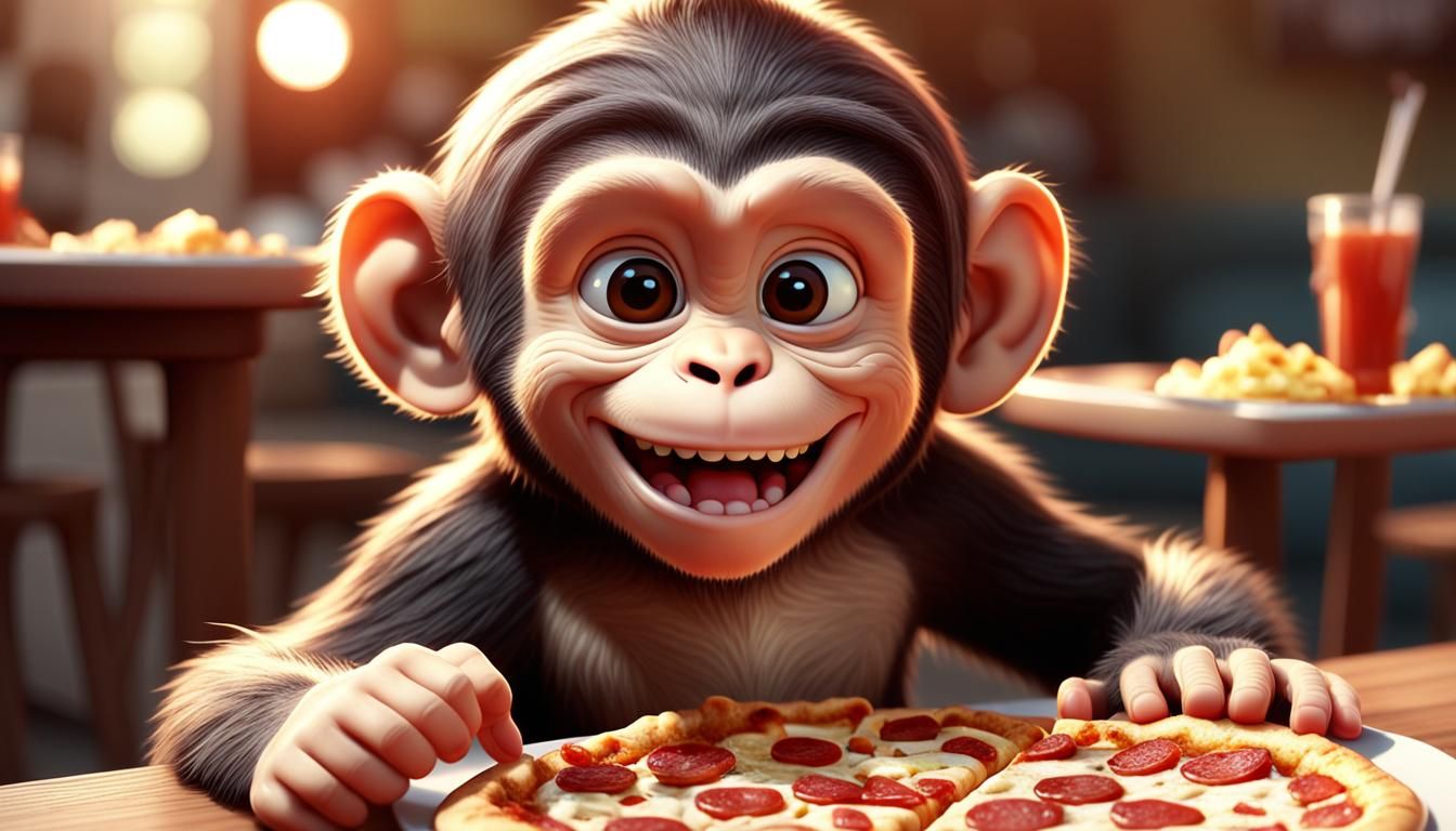Happy Monkey Kid Eating Pizza in Cartoon Realism