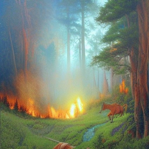 Unicorns Blaze Through Forest: An Oil Painting