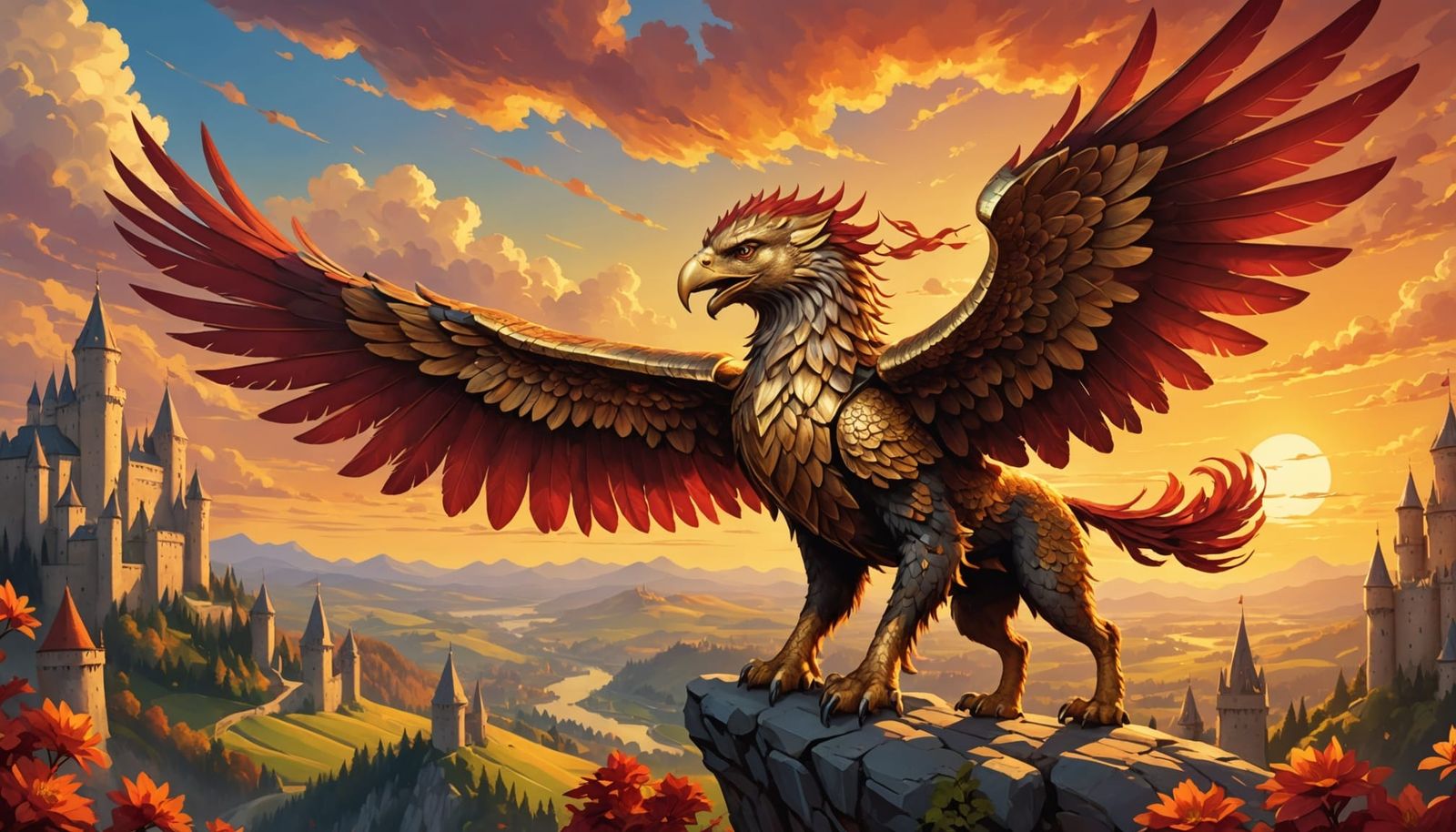 Griffin Knight Soaring at Sunset: Digital Fantasy Art