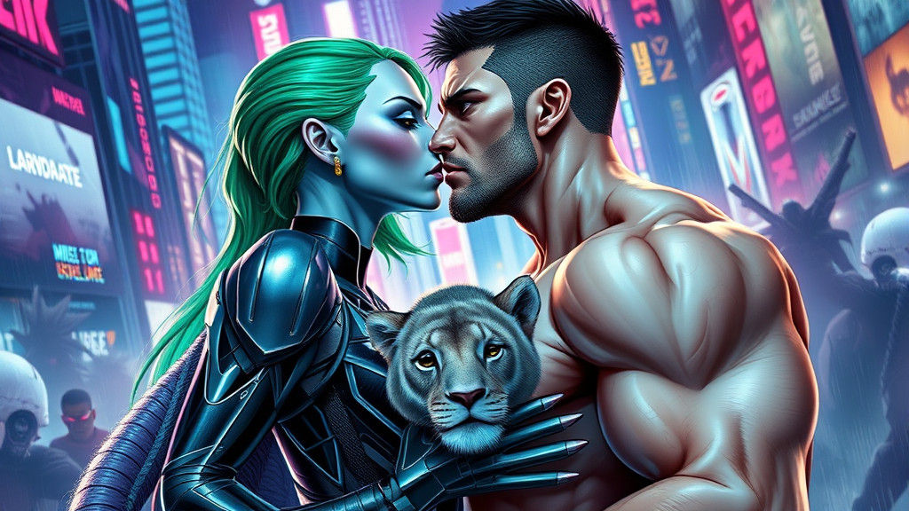 Passionate Kiss Amidst Battle in Futuristic Cityscape