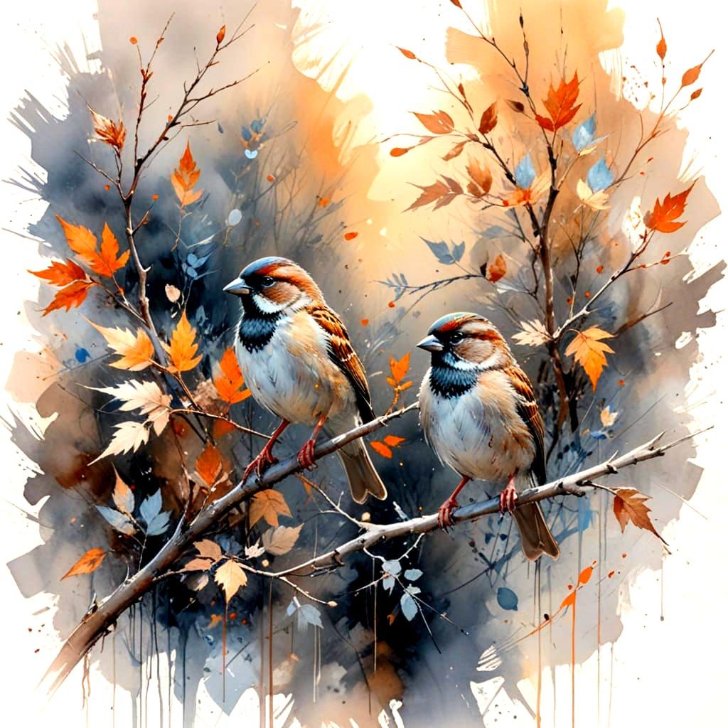 Autumn Sparrow in Watercolor Style