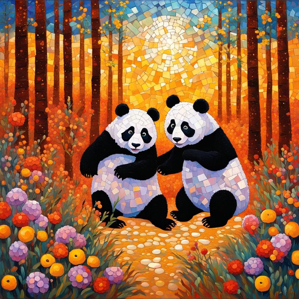 Pandas Playing in a Golden Mosaic Landscape